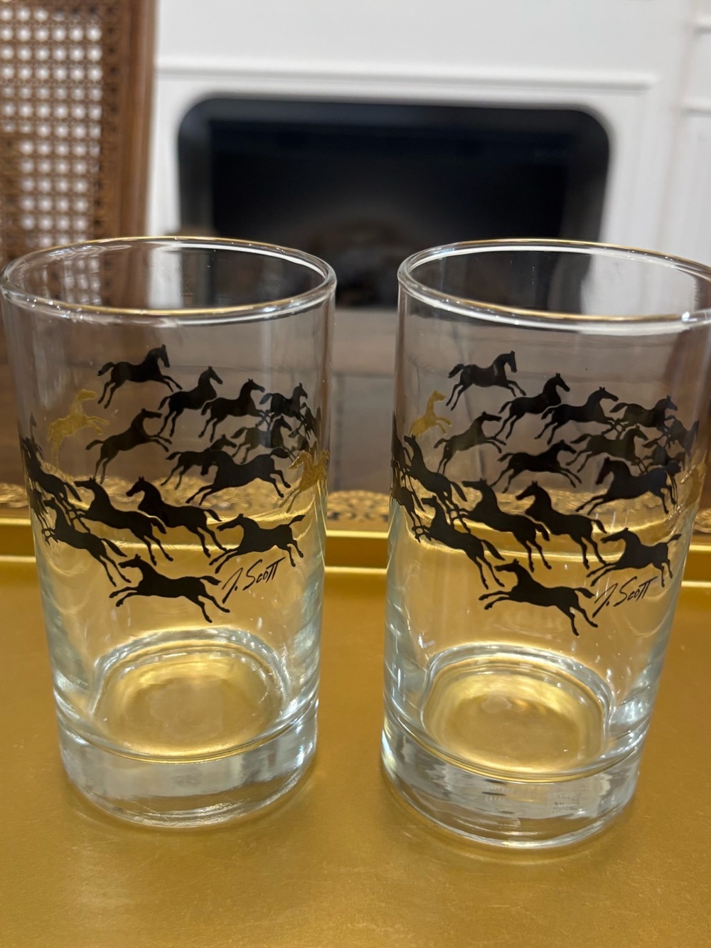 Two mid century modern Libbey  1970s J.Scott stampede horse glasses